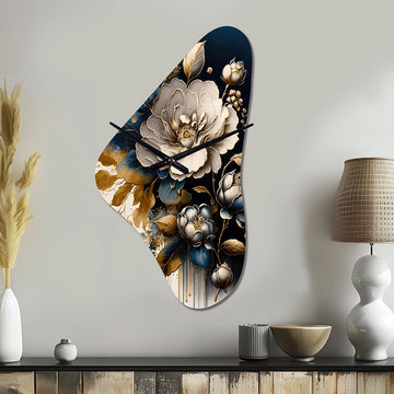 Black And Gold Camellia Bouquet I - Asymmetric Metal Wall Clock